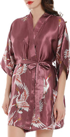Women Kimono Robes Satin Dressing Gown Crane and Blossoms Sleep Lounge Nightwear Short Silk Bride Bridesmaid Robe