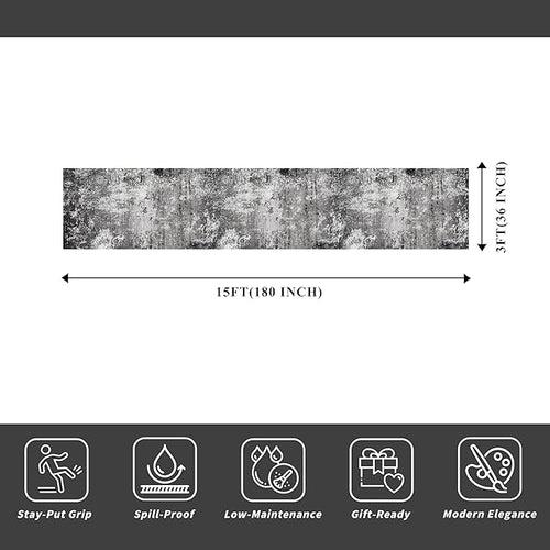 3x15 Ft Long Hallway Runner Rug – Non-Slip Washable Kitchen Floor Rug with Rubber Backing, Modern Low Pile Thin Wide Carpet Runners for Bedroom, Entryway Indoor (Black Grey,3x15)