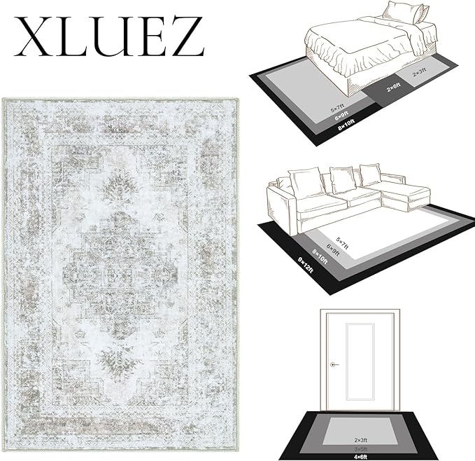 XLUEZ Area Rug 5x7 Living Room Rug, Machine Washable Vintage Distressed Medallion Rug Non-Slip Soft Low Pile Large Indoor Rugs for Bedroom Kitchen Dining Room Office(Taupe,5'x7')