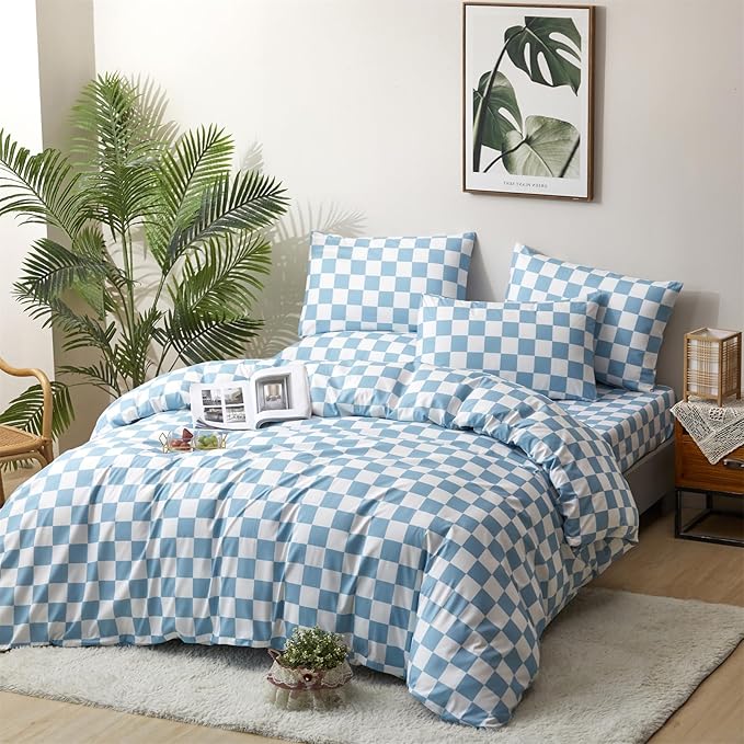 CLOTHKNOW Blue White Plaid Queen Comforter Set Grid Bedding Comforter Sets Soft Light Blue Comforter Checker Queen Size Comforter Sets