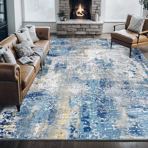 Area Rug 5x7 Washable Rugs Modern Abstract Area Rug Soft Non-Slip Non-Shedding Faux Wool Stain Resistant Floor Carpets for Living Room Bedroom Dining Room Kids Room Home Office (Blue, Ivory)