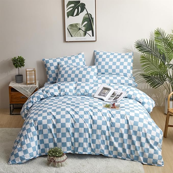 CLOTHKNOW Blue White Plaid Full Size Comforter Set 3Pcs Grid Bedding Comforter Sets Season Soft Checker Comforter with 2 x Pillow Cases