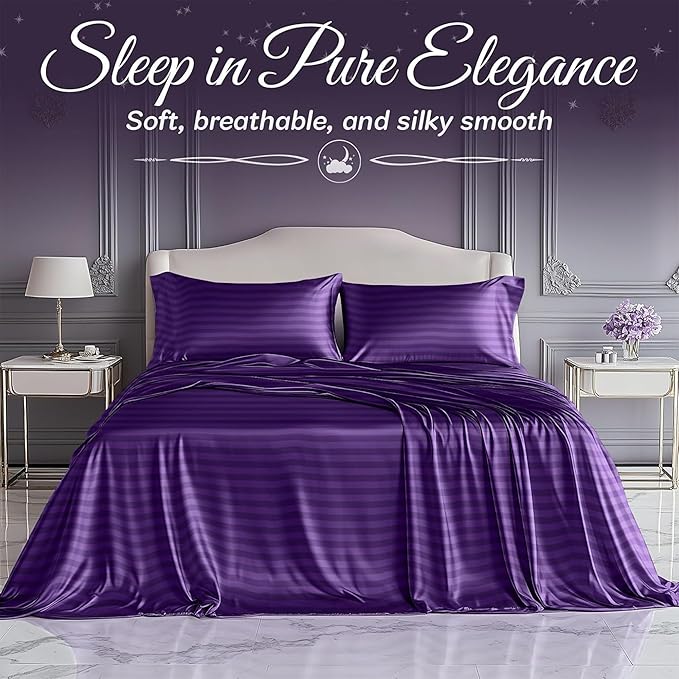 SLEEP SANCTUARY Satin Sheets Full Size – 4 Piece Luxury Silky Bed Set, Softer Than Silk, 15" Deep Pocket, Cooling & Wrinkle-Free, Moisture-Wicking & Breathable for Hair & Skin (Striped Purple)