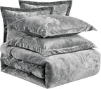 Fredsure Distressed Velvet Comforter Set, 5 Pieces Dark Grey Queen, Distressed Velvet Face and Brushed Microfiber Reverse