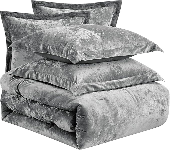 Fredsure Distressed Velvet Comforter Set, 5 Pieces Dark Grey King, Distressed Velvet Face and Brushed Microfiber Reverse