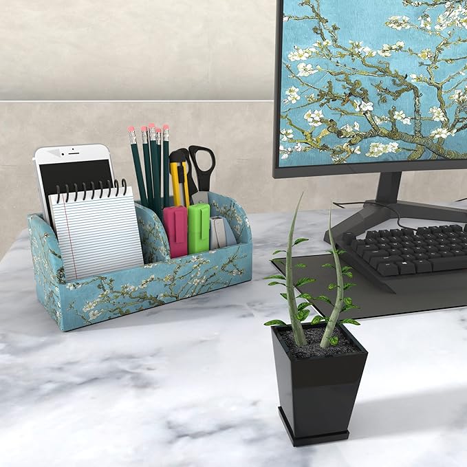 QIELIZI PU Leather Supply Organizer,Remote Control Holder Multifunctional Office Stationery Storage Box Organizer,Pencil Holders Organizers Table Top Desktop Desk Accessories(1-Peach Blossom)