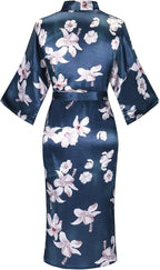 Valennia Women Long Silky Bathrobe Satin Kimono Robe Floral Printed Dressing Gown Sleepwear