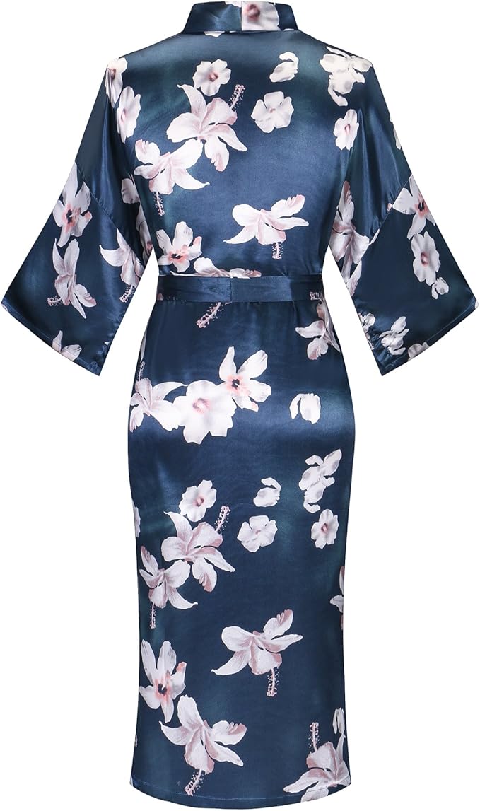 Valennia Women Long Silky Bathrobe Satin Kimono Robe Floral Printed Dressing Gown Sleepwear