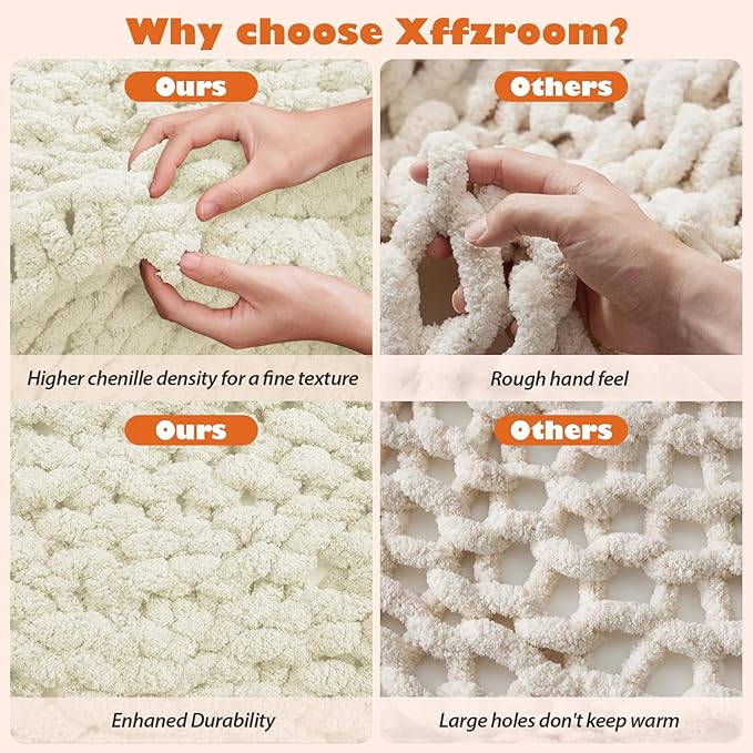 Chunky Knit Blanket Throw, 60x80inch Soft Chenille Yarn Throw, Handmade Warm Thick Cable Knit Crochet Blanket, Large Rope Knot Throw Blanket for Couch Bed Sofa,White