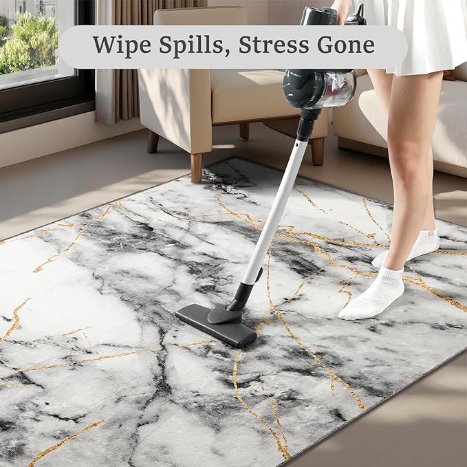 CRYPTOLITE Living Room Rug Washable Abstract Rugs with Non-Slip Backing Low Pile Area Rug for Living Room, Bedroom, Dining Room, 6x9, Gold&Grey