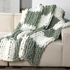 Tudomro Checkered Chunky Knit Throw Blanket for Couch 50 x 60 Inches Neutral Decor 100% Hand Knitted Cozy Soft Large Rope Knot Crochet Blankets for Sofa Living Room(Ivory and Sage Green)