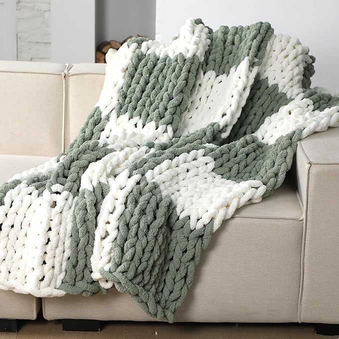 Tudomro Checkered Chunky Knit Throw Blanket for Couch 50 x 60 Inches Neutral Decor 100% Hand Knitted Cozy Soft Large Rope Knot Crochet Blankets for Sofa Living Room(Ivory and Sage Green)