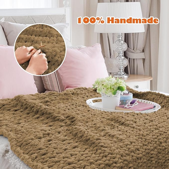 Chunky Knit Blanket Throw, 60x80inch Soft Chenille Yarn Throw, Handmade Warm Thick Cable Knit Crochet Blanket, Large Rope Knot Throw Blanket for Couch Bed Sofa,Dark Khaki