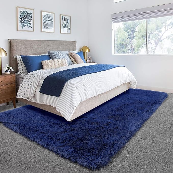 Amdrebio Navy Blue Area Rugs for Boys Bedroom, 5x7 Shag Fluffy Furry Plush Rug for Kids Room, Living Room Decor Aesthetic, Cool Royal Dark Blue Carpet for Baby Nursery Classroom Office Dorm Playroom