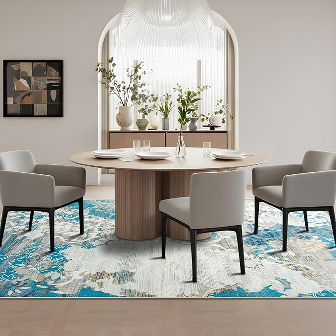 CRYPTOLITE Abstract Area Rug 5x7 Washable Rug with Non-Slip Backing Low Pile Area Rug Area Rugs for Living Room, Bedroom, Dining Room, Blue