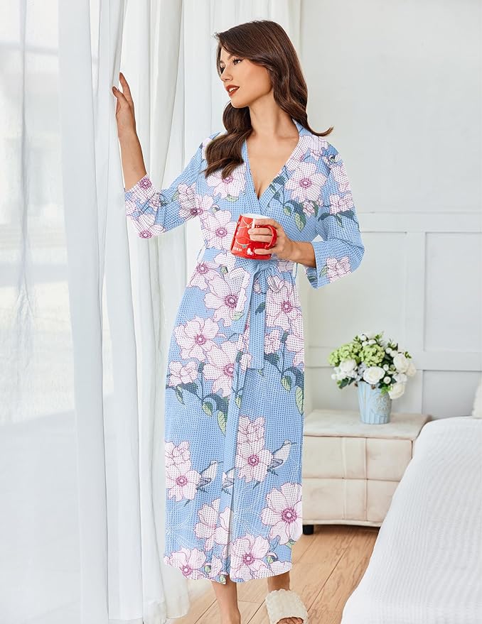 Ekouaer Women's Robe Long Waffle Knit Bathrobe Lightweight Soft Kimono Robes Loungewear S-XXL