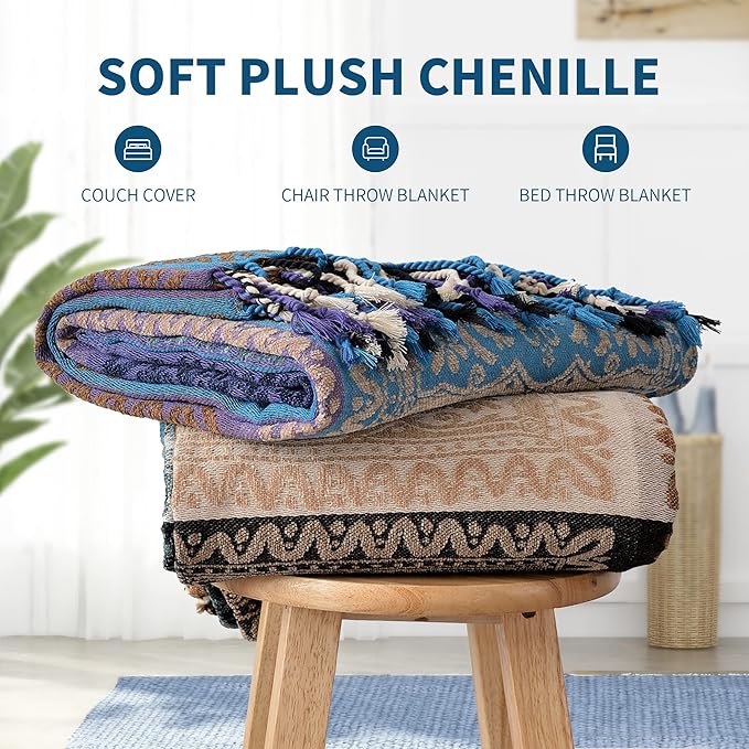 Boho Chair Cover Colorful Chenille Tassels Hippie Throw Blanket for Couch Bed Sofa Recliner Loveseat, Blanket for Bohemian Living Room Decor Purple(60"*75")