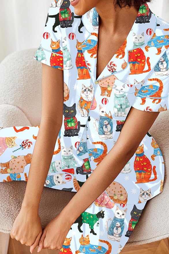 Ekouaer Silk Satin Pajamas Set Women Short Sleeve Sleepwear Soft Button Down Loungewear Pjs Set