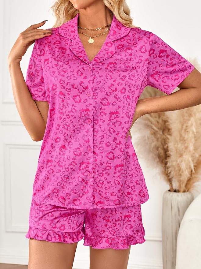 LILLUSORY Womens Satin Silk Pajamas Set 2 Piece Ruffle Pjs Winter Matching Lounge Sleepwear Button Down Striped Shirt Shorts