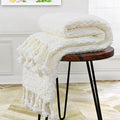 Chunky Knit Throw Blanket with Braided Tassels 50" x 60", Hand Knitted Soft Thick Yarn Basket Weave Boho Farmhouse Blanket, Plush Fluffy Tassel Decor Throw for Couch Bed Sofa, Cream