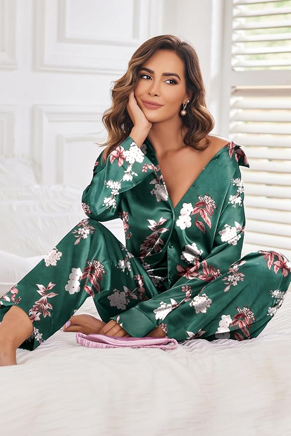 Ekouaer Women Satin Silk Pajamas Classic Long Sleeve Button Down Pjs Set Soft Loungewear