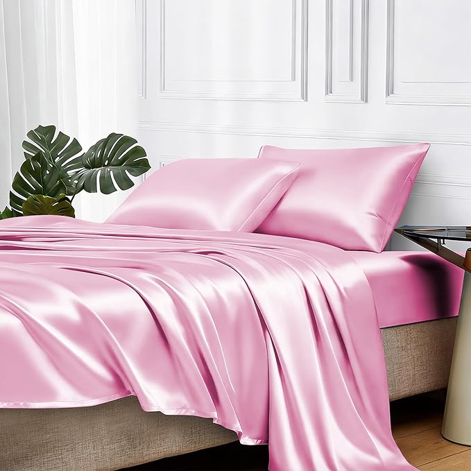 MR&HM Satin Bed Sheets, Full Size Sheets Set, 4 Pcs Silky Bedding Set with 15 Inches Deep Pocket for Mattress (Full, Pink)