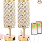 Hong-in Gold Lamps Set of 2, Dimmable Gold Lamps for Nightstand with USB-C+A & AC Charging Ports, 3-Way USB Crystal Lamp, Bedside Desk Light for Bedroom Living Room Home Office(Bulb Included)