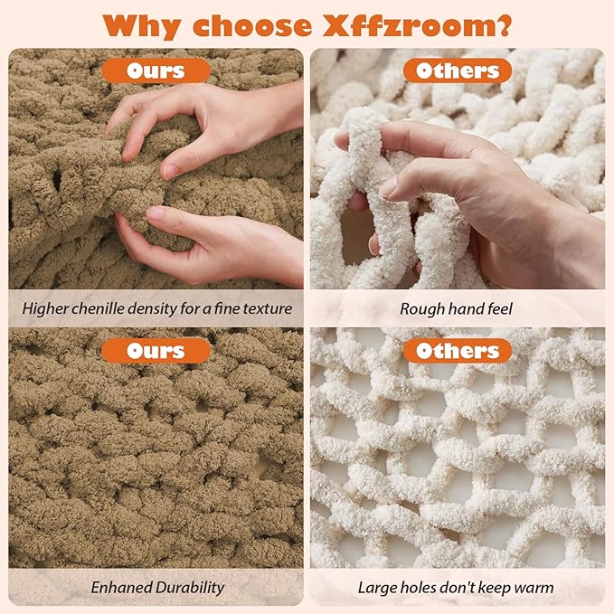 Chunky Knit Blanket Throw, 60x80inch Soft Chenille Yarn Throw, Handmade Warm Thick Cable Knit Crochet Blanket, Large Rope Knot Throw Blanket for Couch Bed Sofa,Dark Khaki