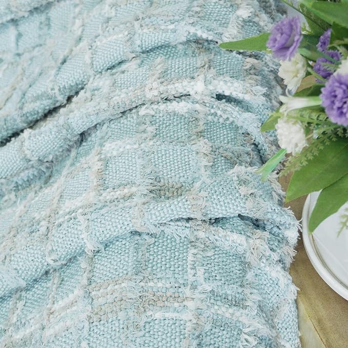 Multicolored Chenille Knitted Throw Soft Cozy Fluffy Reversible Boho Plaid Throw Blanket with Tassels for Couch Chair Bed Cover Living Room Bedroom Décor, 50" x 60", Light Blue