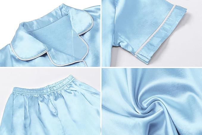 Umeyda Girls Womens Pajamas Set, Satin Silky Button Down Loungewear 2 Piece Short Sleeve Pants PJS Sets for Mommy Kids
