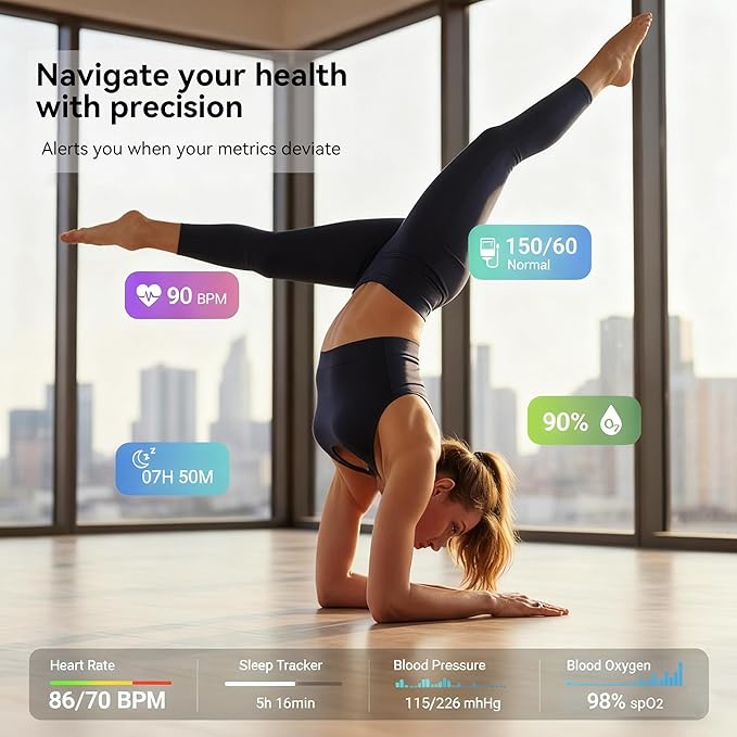 Smart Ring for Men, Fitness & Activity Tracker with Blood Pressure/Heart Rate Monitor, Sleep Tracker, Step Counter, IP68 Waterproof Ring for iOS & Android, Fast Charge, No Subscription (Silver,Size8）