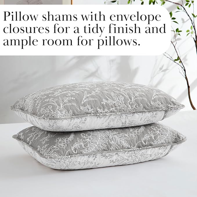 Southshore Fine Living, Inc. Oversized Bedspread Full Size, Printed Quilt Queen Size Bedding Set, Botanical and Lightweight Coverlet, Floral Bed Set, All Season Full/Queen Quilts, Reversible Grey