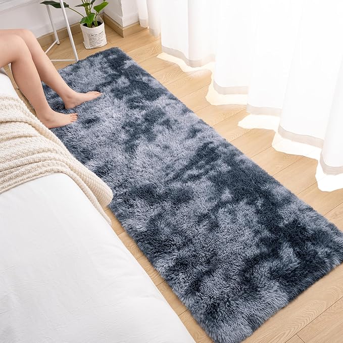 Softlife Area Rug for Bedroom, Fluffy Shag Plush Tie Dyed Rainbow Blue for Living Room Girls, Shaggy Throw Carpet for Kids Soft Fuzzy Runner Small 2x6 Runners for Hallways Dorm
