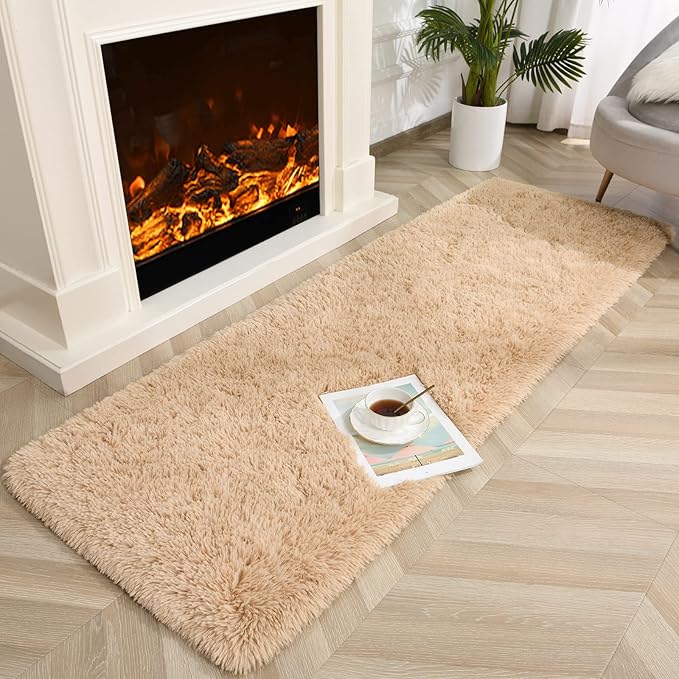 Jelymark Super Soft Shaggy Rug for Bedroom, 2x6 Feet Fluffy Carpet for Living Room, Fuzzy Indoor Plush Area Rug for Home Decor, Furry Floor Rugs for Dorm, Kids Nursery Rug for Girls, Beige