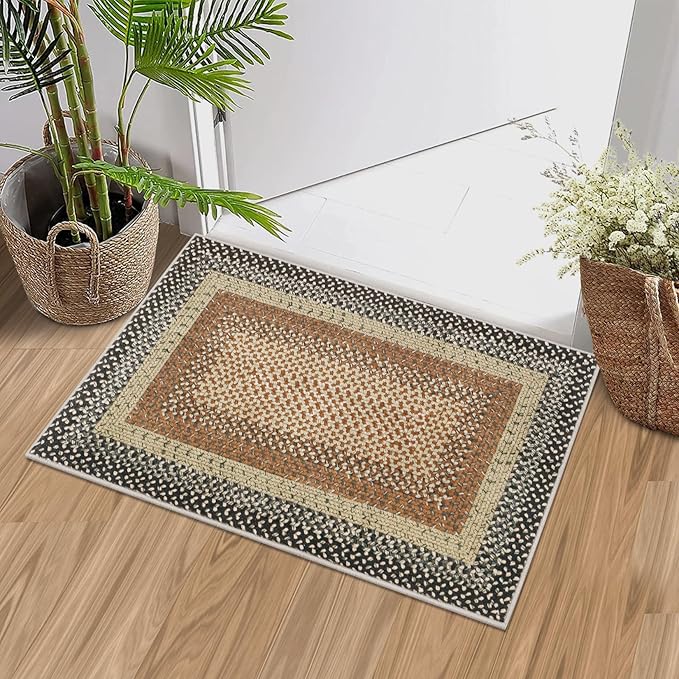 RUGSREAL Entryway Area Rug 2x3 Small Rug Machine Washable Bedroom Area Rug Non Slip Bathroom Mat Stain Resistant Kitchen Mat Farmhouse Carpet Modern Rustic Rug for Living Room Dining Room, Sand/Bronze