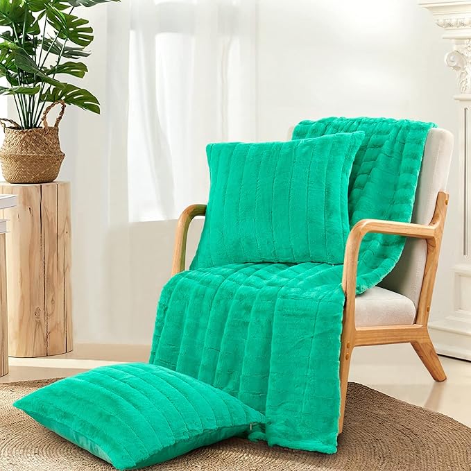Striped Throw Blanket and Pillow Covers Set (No Inserts) for Couch and Bed, Plush Warm Lightweight Fuzzy Faux Fur Blanket for All Seasons (60" x 80", Green)