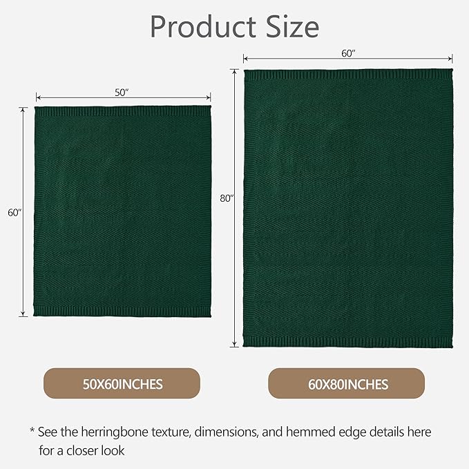 Knitted Throw Blanket 60"X80", Dark Green Knit Throws for Bed, Super Soft Boho Chevron Blankets for Couch Sofa Chair Room Decor, Textured Decorative Farmhouse Cozy Lightweight