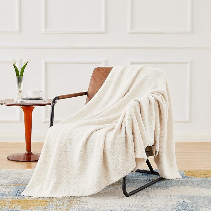 CYMULA Knit Throw Blanket for Couch Cream White - Super Soft Lightweight Plush Fuzzy Fluffy Cozy Blankets and Throws for Sofa Bed, 50 x 60 inches