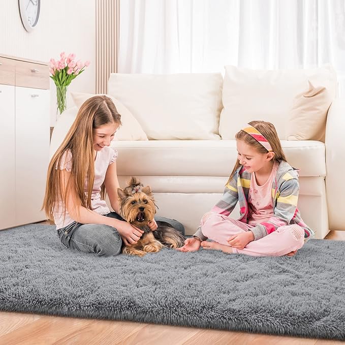 Jelymark Super Soft Shaggy Rug for Bedroom, 4x5.9 Feet Fluffy Carpet for Living Room, Fuzzy Indoor Plush Area Rug for Home Decor, Furry Floor Rugs for Dorm, Kids Nursery Rug for Girls, Grey
