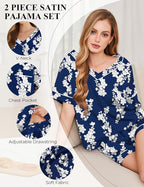 Silk Pajamas for Women Short Sleeve Satin 2 Piece Pj Set Soft V Neck Sleepwear Loungewear, S-XXL