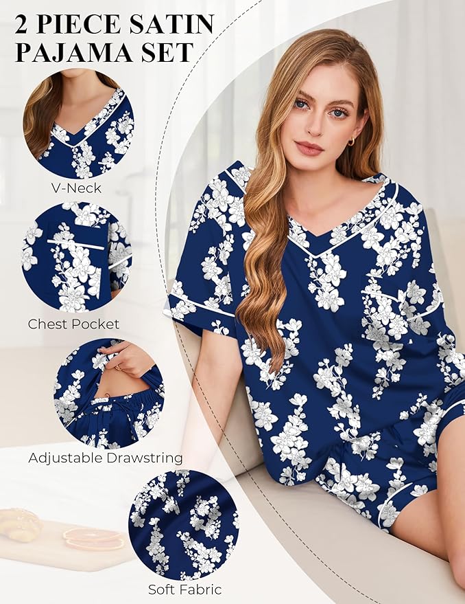 Silk Pajamas for Women Short Sleeve Satin 2 Piece Pj Set Soft V Neck Sleepwear Loungewear, S-XXL