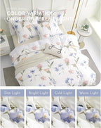 ALEISSEL Natural Cotton 3pcs Floral Comforter Sets King Size - White Comfoter with Blush,Blue & Beige Floral Prints, Neutural Refresh Lightweight Bedding Sets(King 104"×90")