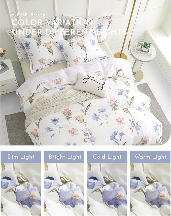 ALEISSEL Natural Cotton 3pcs Floral Comforter Sets King Size - White Comfoter with Blush,Blue & Beige Floral Prints, Neutural Refresh Lightweight Bedding Sets(King 104"×90")