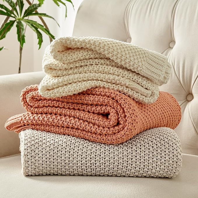 Joydeco Chunky Cable Knit Throw Blanket, Lightweight 100% Organic Cotton Soft Cozy Throw Twin Blanket for Couch Bed and Sofa, Rustic Breathable Farmhouse Blanket Gift for Women Men(Beige, 60"x80")