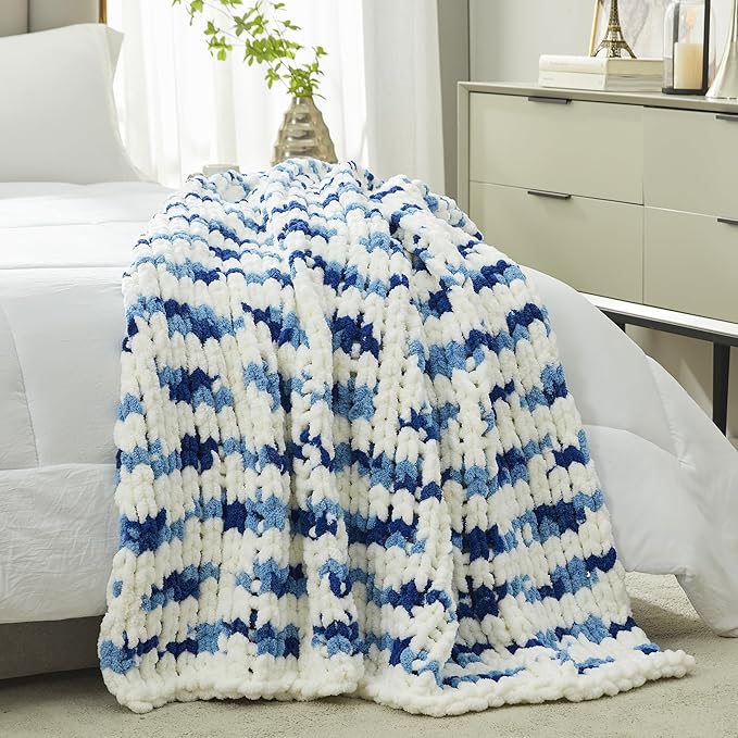 Amélie Home Chunky Knit Throw Blanket for Couch, Soft Chenille Handmade Crochet Throw Rope Knot Blanket for Couch, 50"x60", Space-Dyed Blue Striped