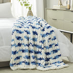 Amélie Home Chunky Knit Throw Blanket for Couch, Soft Chenille Handmade Crochet Throw Rope Knot Blanket for Couch, 50"x60", Space-Dyed Blue Striped