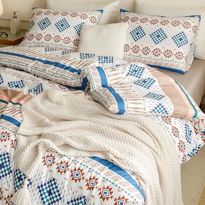 Luxlovery Aztec Comforter Set King Beige Blue Bohemian Bedding Set King Southwestern Exotic Ethnic Rustic Native American Navajo Bedding Set Folkloric Comforter Set Women Men