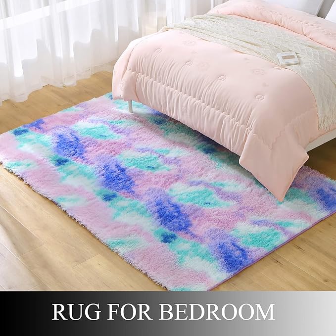 Fluffy Shaggy Area Rug for Girls Bedroom, 4 x 6 Feet Modern Fluffy Area Rug, Purple Blue Tie Dye Soft Plush Carpet for Living, Kids Girls Boys Teens Room, Bedsides, Home Office Decor