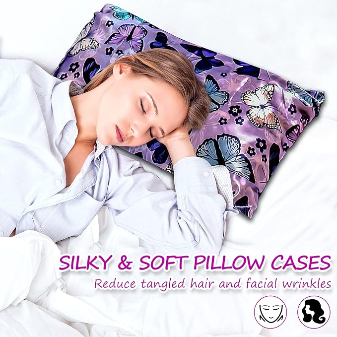 Satin Pillowcase for Hair and Skin, Soft Satin Pillow Cases Queen Size Pack of 2, Cooling Silk Satin Pillowcase Set with Envelope Closure (20’’x30’’, Purple, Butterflies & Flower)