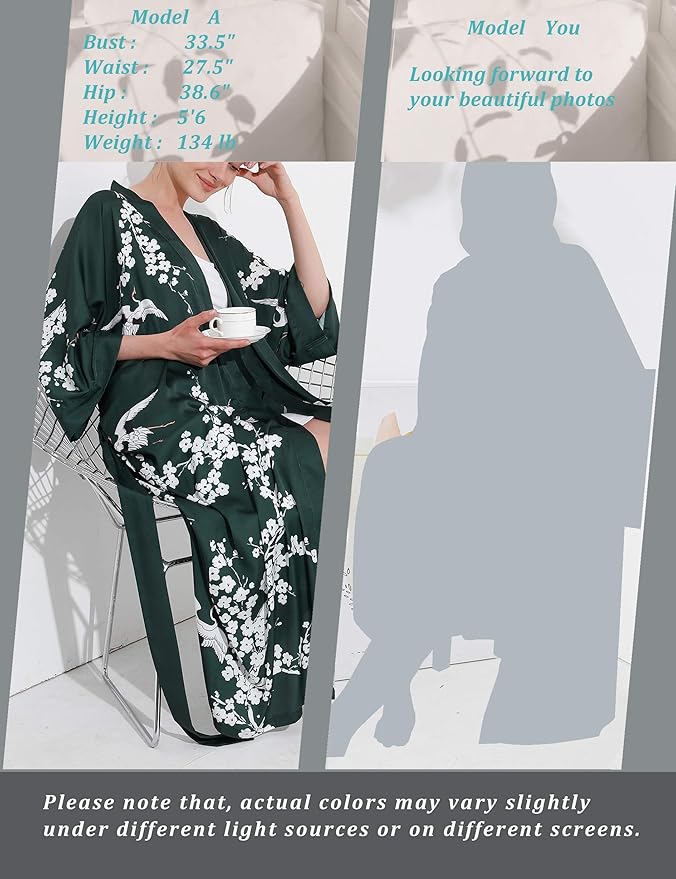 Aensso Long Soft Lightweight Silky Kimonos Robes for Women, Luxury Japanese Floral Womens Kimono Robe